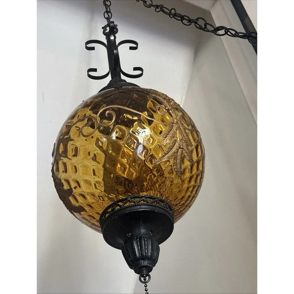 Vintage Large Amber Glass MCM  Hanging Swag Lamp Light W/ Chain